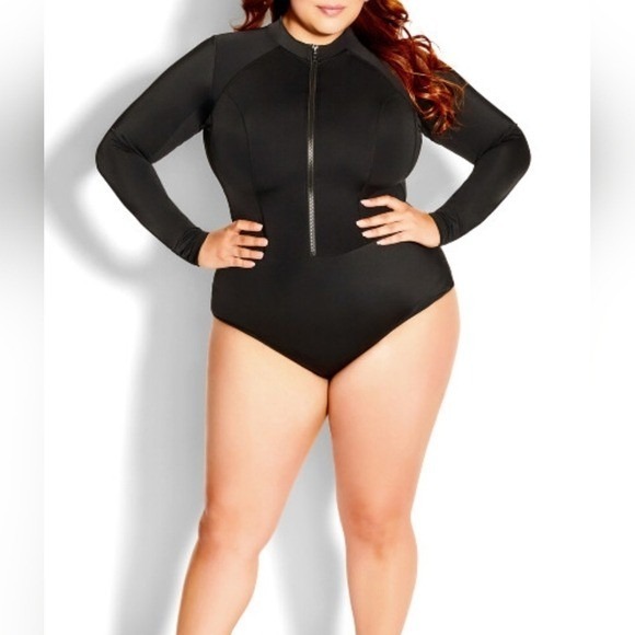 City Chic Swimsuit NEW Plus 14 1X Black Long Sleeve 1 Piece Rash Guard Zippered